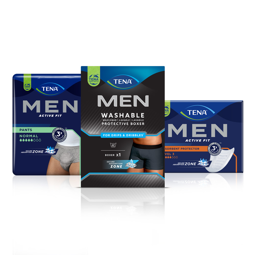 TENA Men Protective Shield, TENA Men Active fit pants and TENA Men Absorbent Protector Level 2 TENA Men Protective Shield, TENA Men Active fit pants and TENA Men Absorbent Protector Level 2